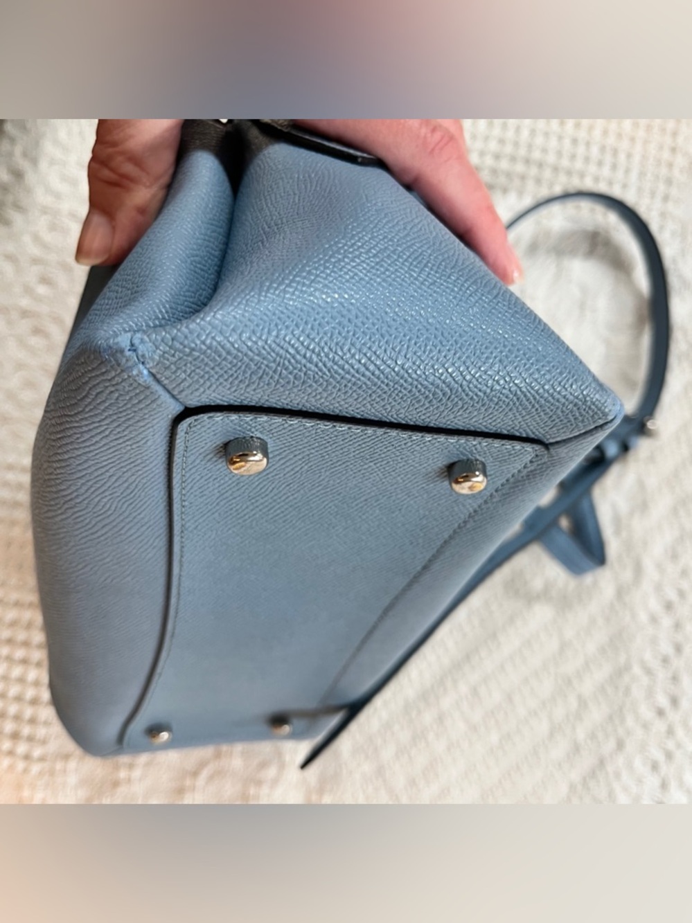 Coach Mini Lillie Carryall Bag in Light Blue Crossgrain Leather, Crossbody Strap - Picture 7 of 8